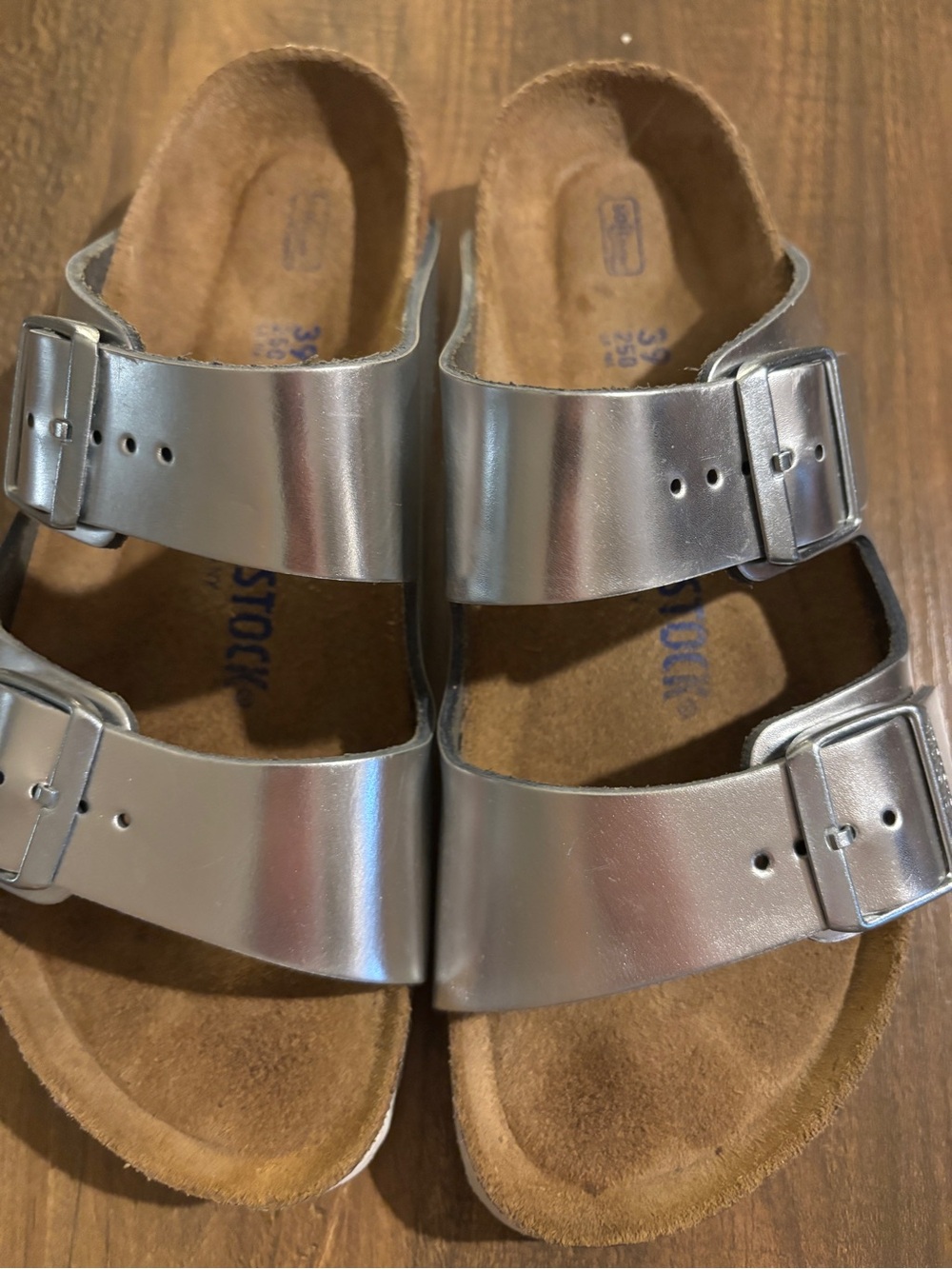 Birkenstock Women’s Metallic Silver Arizona Two-Strap Sandals - Picture 3 of 3